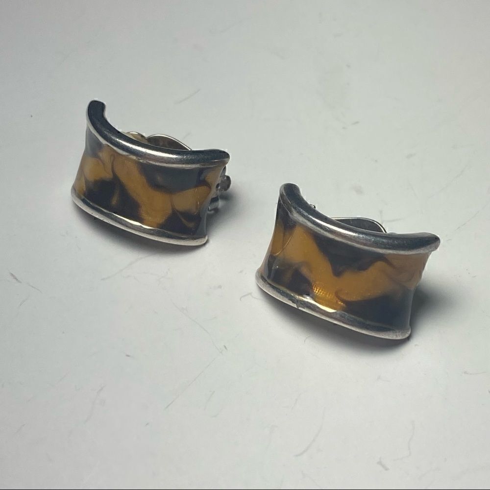 Vintage Silver Tone Leopard Print Enamel Hoop Clip On Earrings